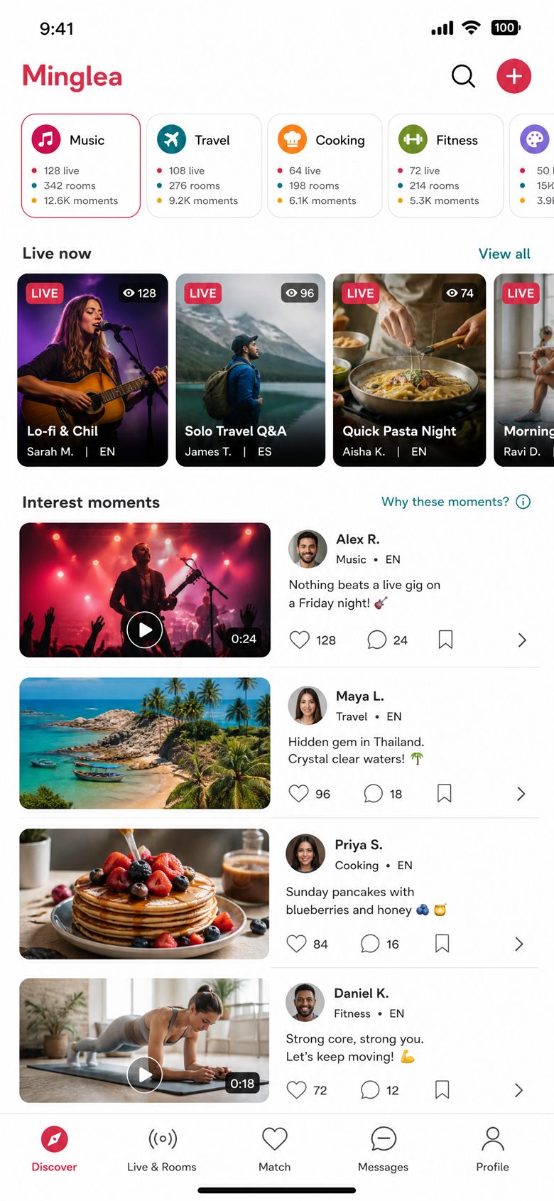 Minglea's Discover tab: interest rails for Music, Travel and Cooking, a Live now row, and interest moments from other members