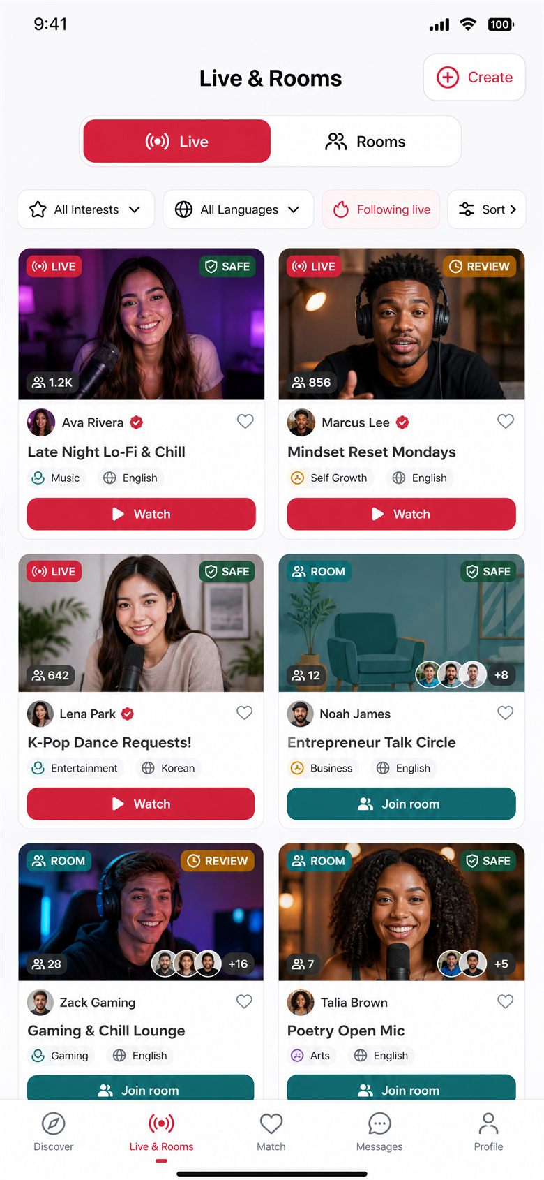 Minglea's Live & Rooms tab: livestream and room cards, each with its topic, language, host and a Safe or Review badge